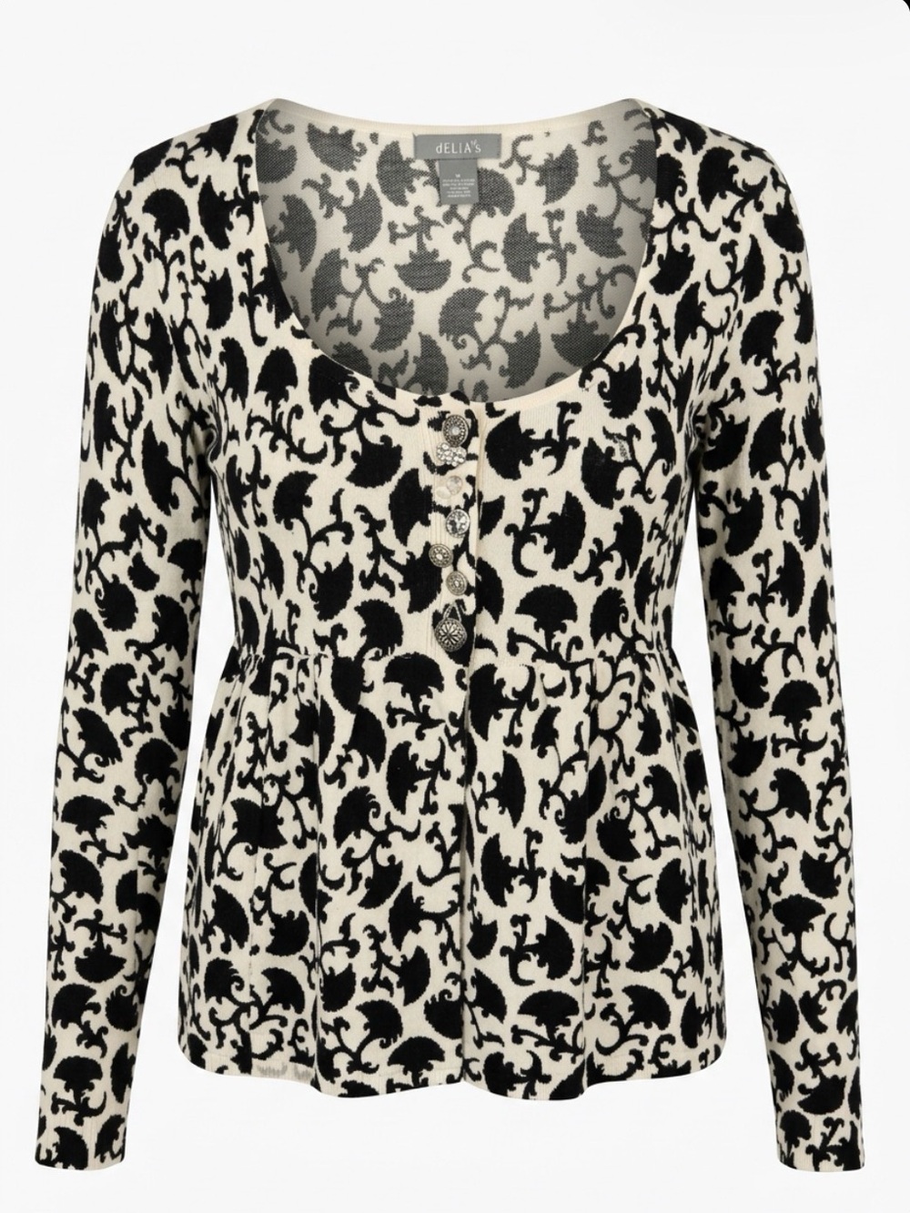 dELiA*s Black and White Floral Scroll Button-Front Top
